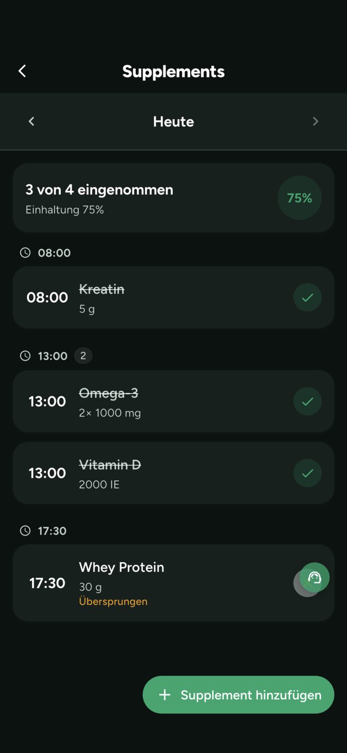 Supplement-Ansicht eines Kunden, wie der Trainer sie in Trainer Connect sieht: Samstag, 2 von 3 eingenommen, Kreatin überfällig, Vitamin D und Omega 3 eingenommen, Button Supplement hinzufügen