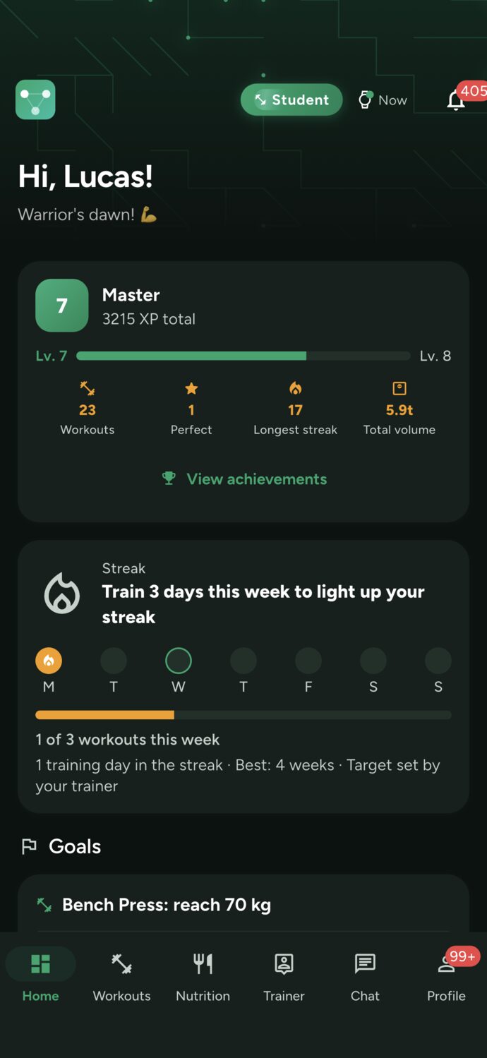 Student home screen: level 6 Elite, 2,315 XP, and a 16-day workout streak