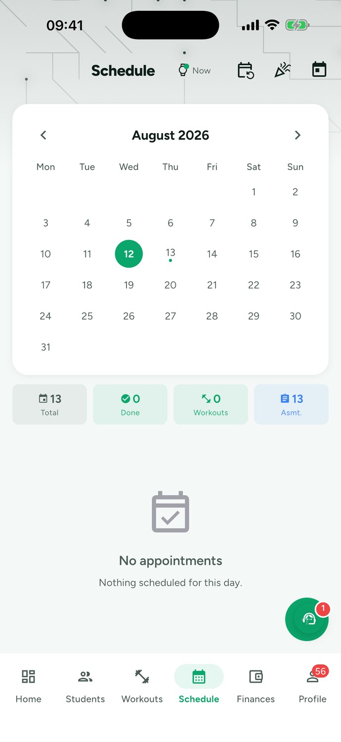 Trainer schedule in Trainer Connect showing the day's sessions and the status of each