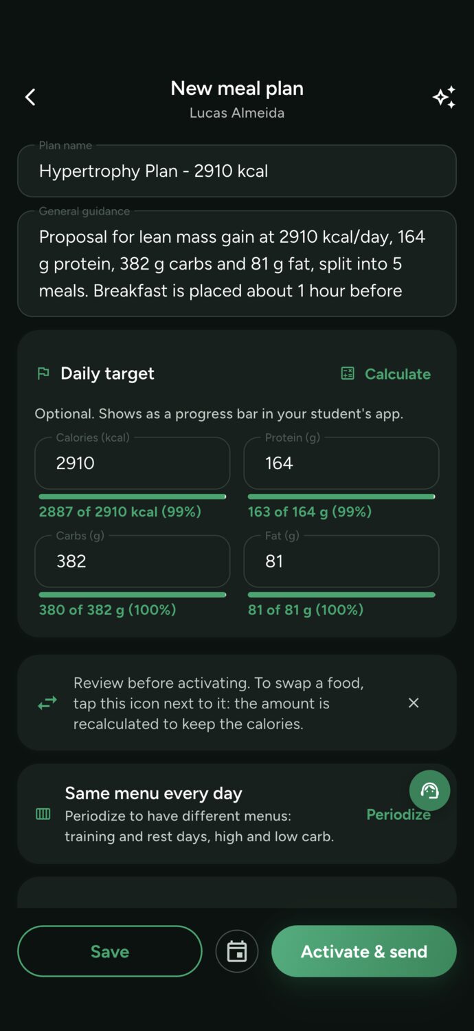 AI-generated meal plan in the Trainer Connect editor, with calorie, protein, carb, and fat targets locked in