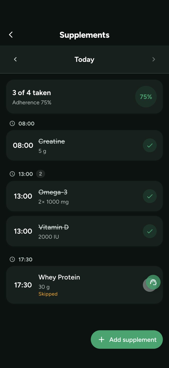 Student's supplement screen as seen by the trainer in Trainer Connect: Saturday, 2 of 3 taken, creatine overdue, vitamin D and omega-3 taken, Add supplement button