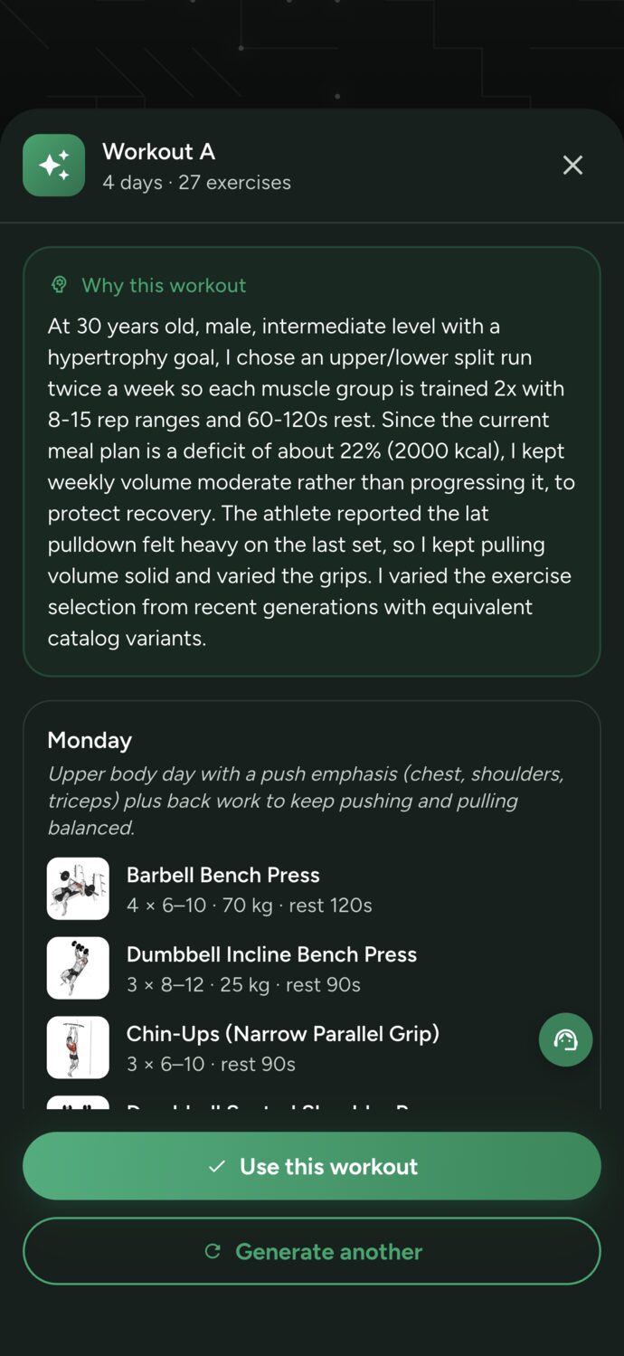 Preview of an AI-generated workout in Trainer Connect, with the reason behind each choice shown to the client