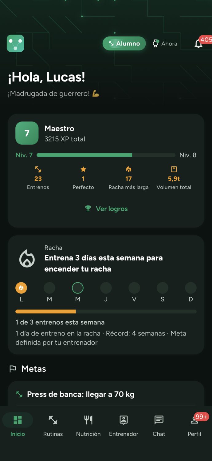 Pantalla inicial del alumno: nivel 6 Élite, 2315 XP y 16 días seguidos de entrenamiento