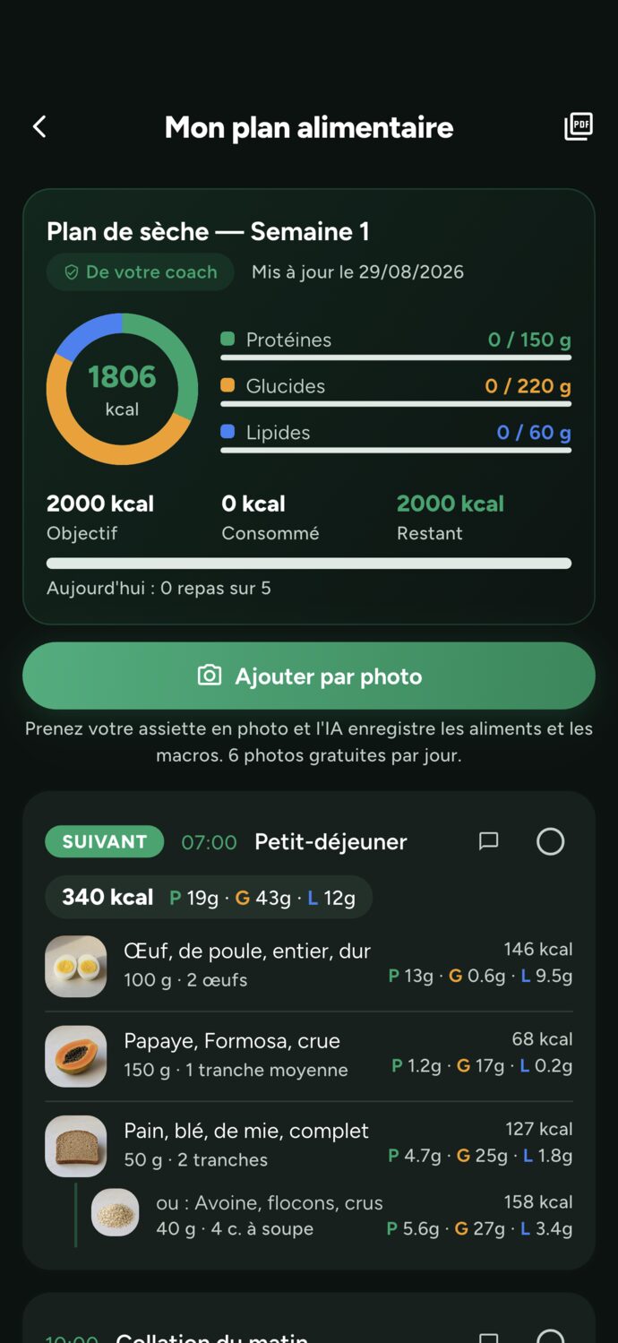 Plan alimentaire dans l'app de l'élève, avec l'objectif du jour, le consommé, le restant et le bouton Enregistrer par photo