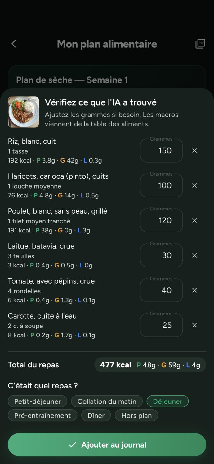 Aperçu d'un repas enregistré par photo dans Trainer Connect : riz, haricots carioca, blanc de poulet grillé, laitue, tomate et carotte, avec grammes et macros issus de la table TACO