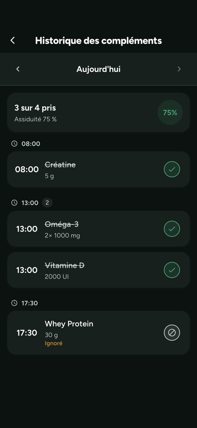 Historique des compléments dans l'appli Trainer Connect : 3 prises sur 4, 75 % de régularité, avec créatine, vitamine D et oméga 3 cochés et la whey sautée
