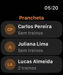 Apple Watch zeigt das Klemmbrett des Trainers mit der Liste der Kunden
