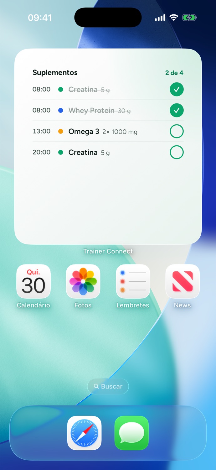 Supplement widget on the iPhone home screen, with creatine and whey already checked off and omega-3 pending, counter showing 2 of 4